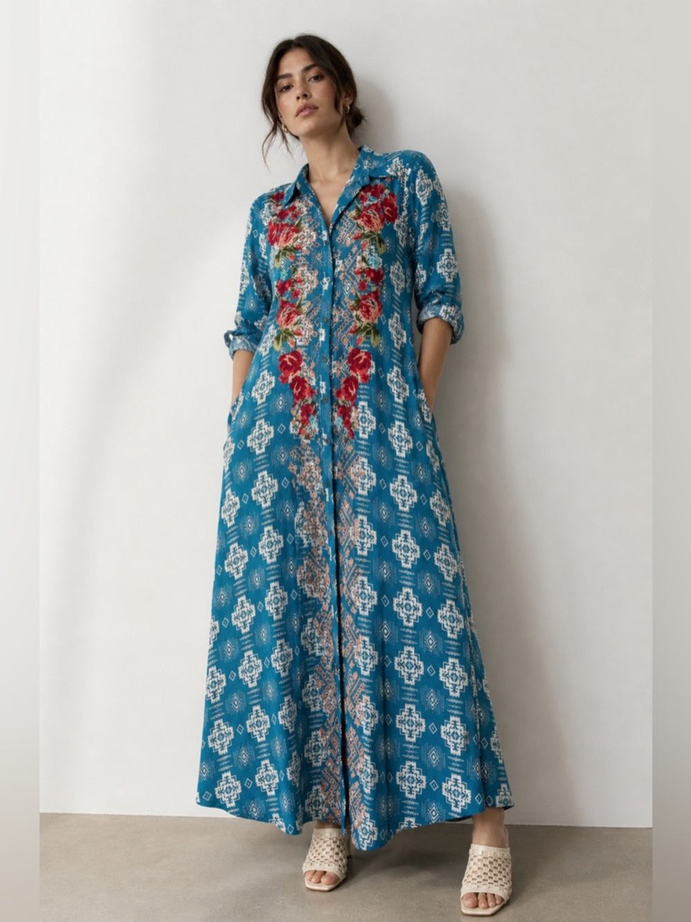 Blogger favorite Blue Boho Floral Maxi Dress Button Front Embroidered Flowy